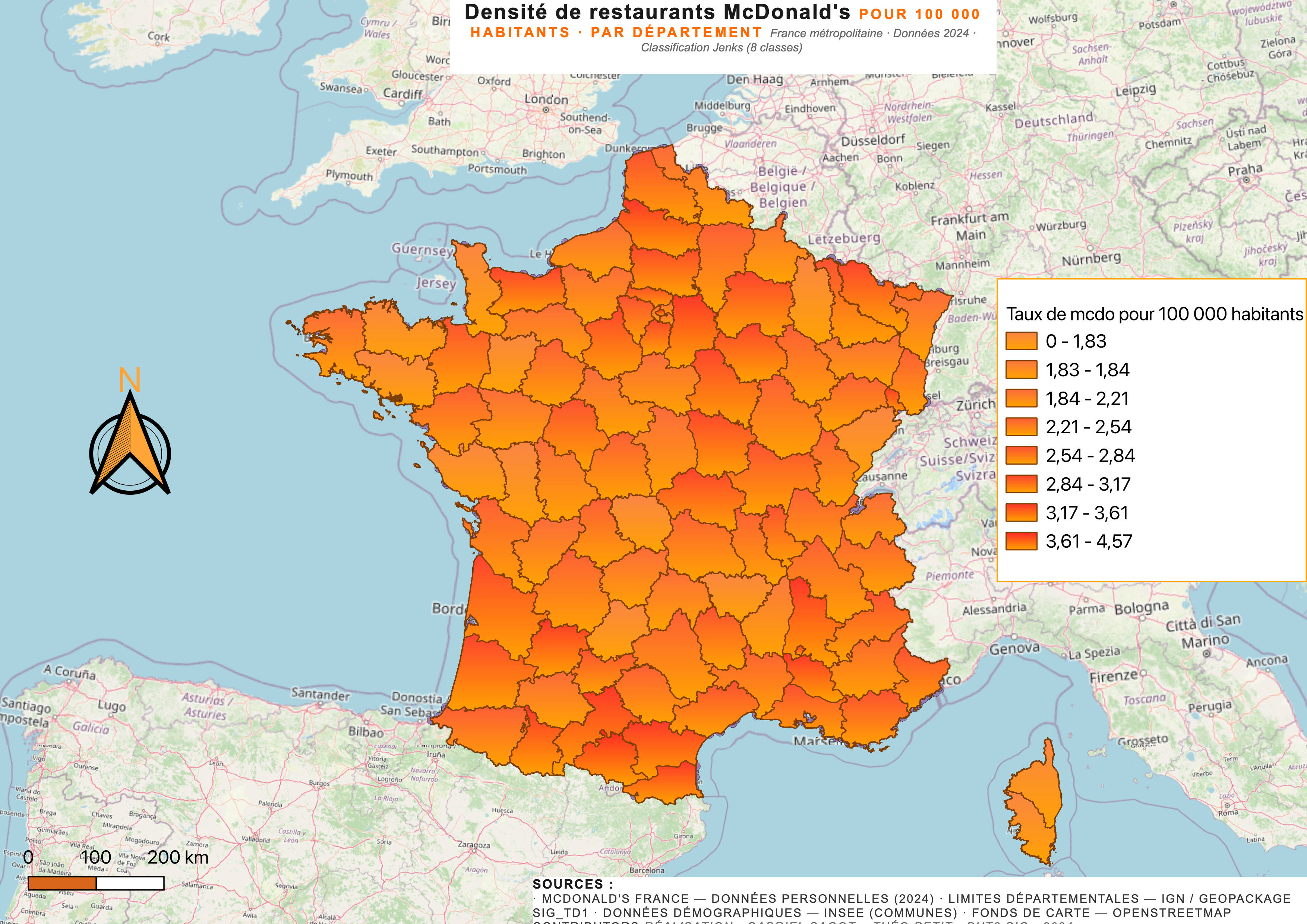 Carte choroplèthe — McDonald's pour 100 000 habitants par département, France métropolitaine