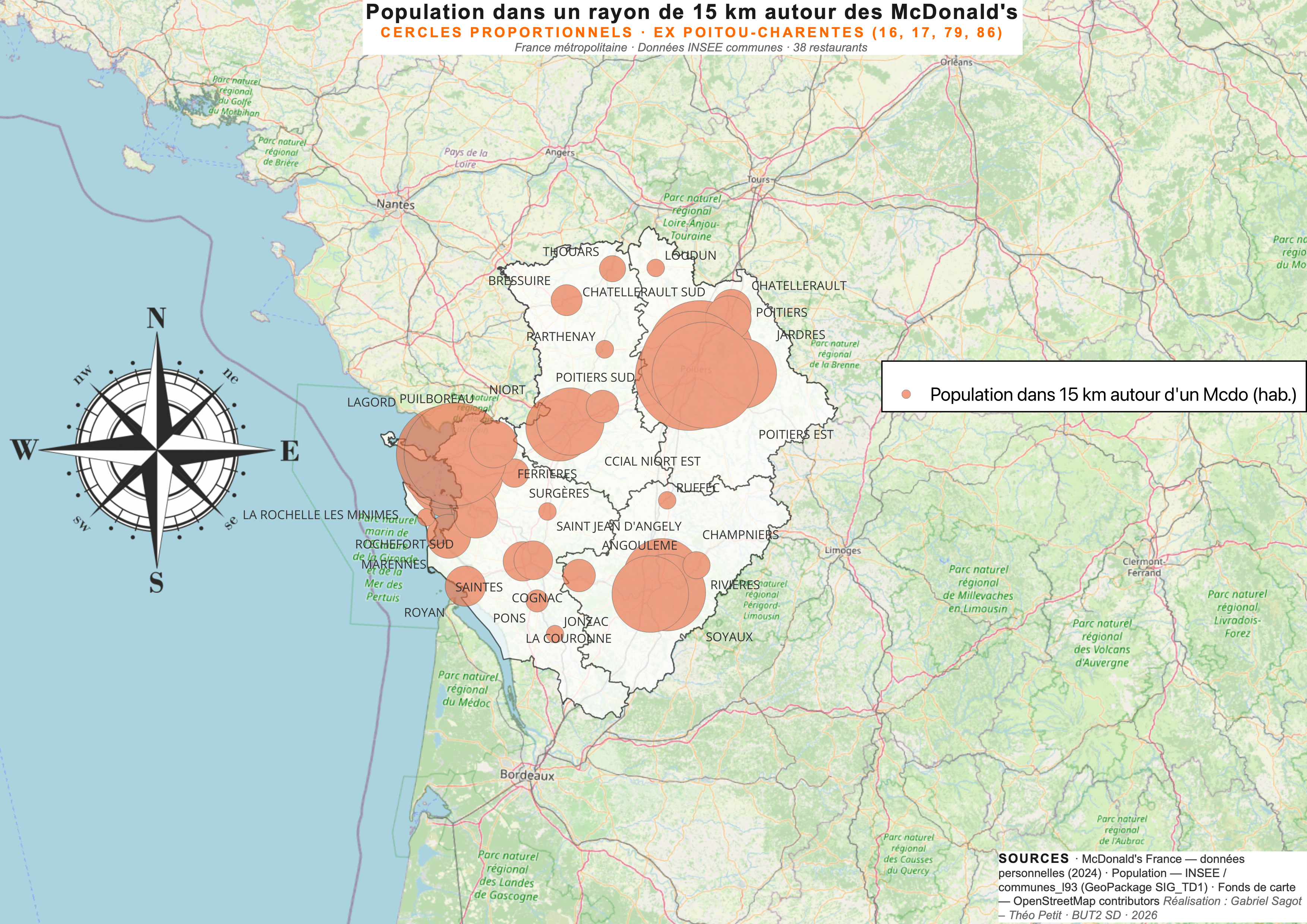 Carte Poitou-Charentes — cercles proportionnels représentant la population dans un rayon de 15km autour de chaque McDonald's